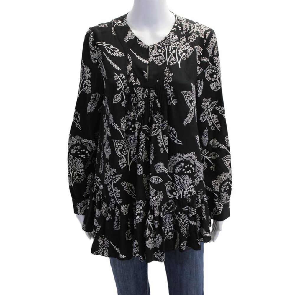 Thakoon Addition Womens Black Floral V-Neck Long Sleeve Tunic Size 4